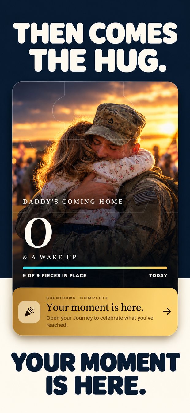 Then comes the hug: the completed homecoming photo at zero and a wake up